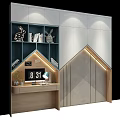 Modern Bookcase with Blue Green Shelves Books Rabbit Ornament Lamp Clock and Wooden Desk