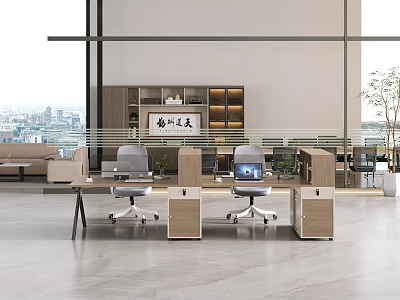 Modern Office Desk With Two Chairs Side Cabinets And City View In Bright Space 3d model