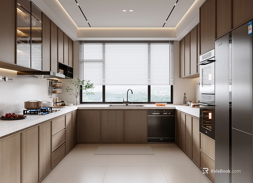 Modern Kitchen Interior With Wooden Cabinets Stainless Steel Appliances White Countertops And Window Blinds 3d model 