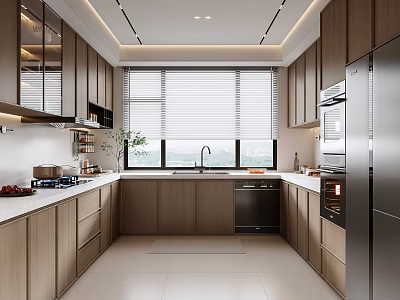 Modern Kitchen Interior With Wooden Cabinets Stainless Steel Appliances White Countertops And Window Blinds 3d model