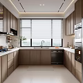 Modern Kitchen Interior With Wooden Cabinets Stainless Steel Appliances White Countertops And Window Blinds