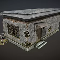 Dilapidated Small House With Damaged Walls Slanted Roof Iron Bar Window And Scattered Rubble