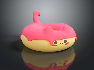 Cute Cartoon Cat Shaped Donut With Pink Frosting Yellow Base And Smiling Face 3d model