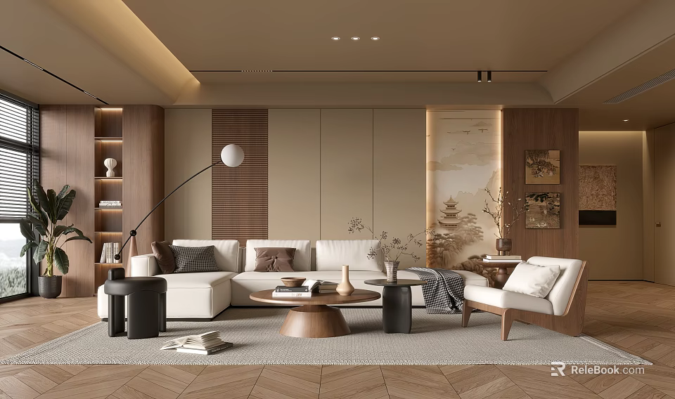 Modern Living Room Interior With Beige Sofa Wooden Coffee Table And Floor Lamp 3d model 