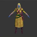 Standing Character In Yellow Hooded Robe With Brown Belt And Leather Backpack