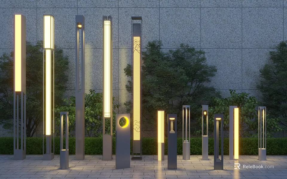 Modern Outdoor Lights With Various Tall Lamp Post Designs For Garden Landscape 3d model 