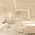 Stylish Cream Tone Beauty Hair Salon Interior Design With Nail Stations And Cozy Lounge Space