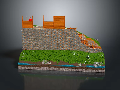 Garden Landscape Model Featuring Stone Retaining Wall Wooden Fence Steps Lush Grass And Stream 3d model