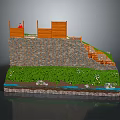 Garden Landscape Model Featuring Stone Retaining Wall Wooden Fence Steps Lush Grass And Stream