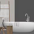 White Freestanding Bathtub With Wooden Ladder Towels Stool Silver Faucet And Gray Wall
