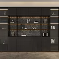 Modern Dark Wood Display Cabinet With Glass Doors Decorative Items And Stone Backdrop