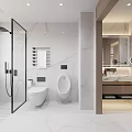Modern Bathroom Interior Design With Marble Walls Glass Shower Toilet Urinal And Vanity