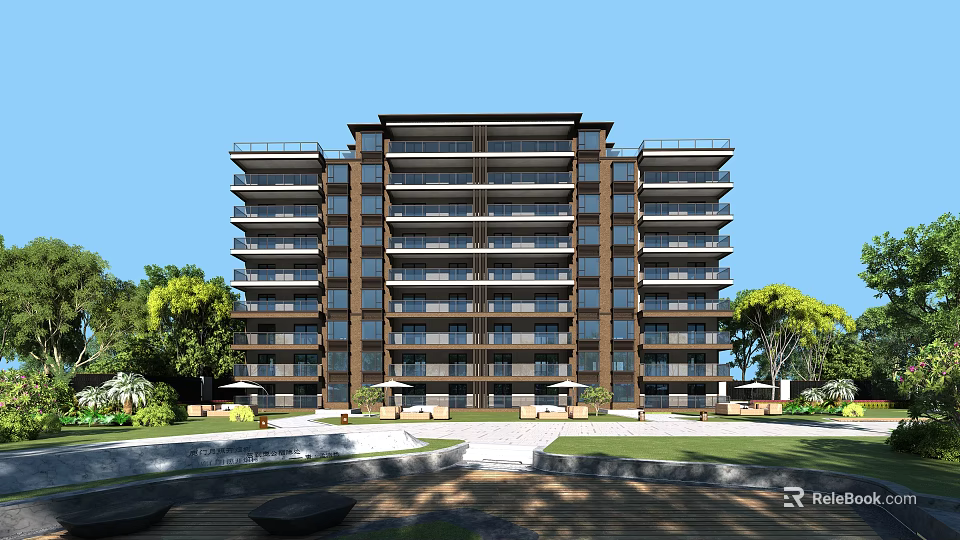 Modern Residential Building Exterior With Balconies Surrounded By Greenery Trees And Lawn 3d model 