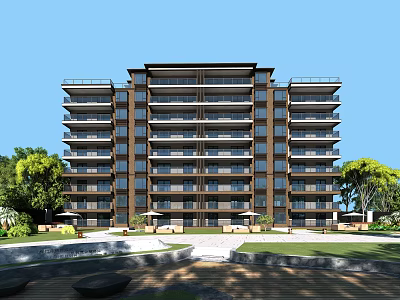 Modern Residential Building Exterior With Balconies Surrounded By Greenery Trees And Lawn 3d model