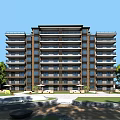 Modern Residential Building Exterior With Balconies Surrounded By Greenery Trees And Lawn