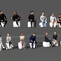 Group of People Sitting on White Cubes with Various Poses and Attire