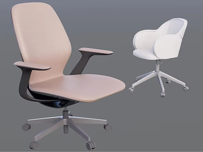 Two Modern Office Chairs Beige And White With Swivel Wheels And Armrests 3d model
