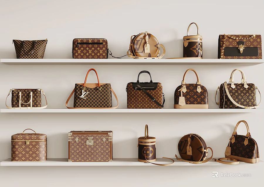 Elegant Classic Pattern Bags With Various Styles And Designer Details On Shelf 3d model 