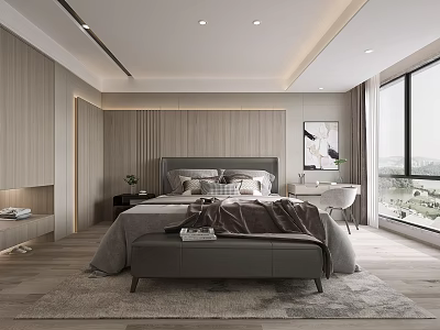 Modern Bedroom Interior With Wooden Walls King Size Bed Bench And Natural Light 3d model