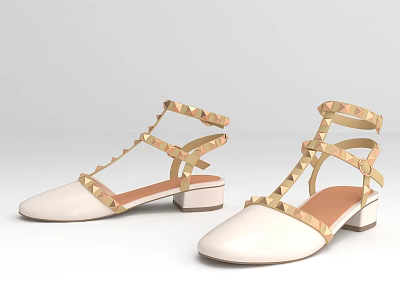 White Women Sandals With Golden Studded Straps And Block Heel Design 3d model