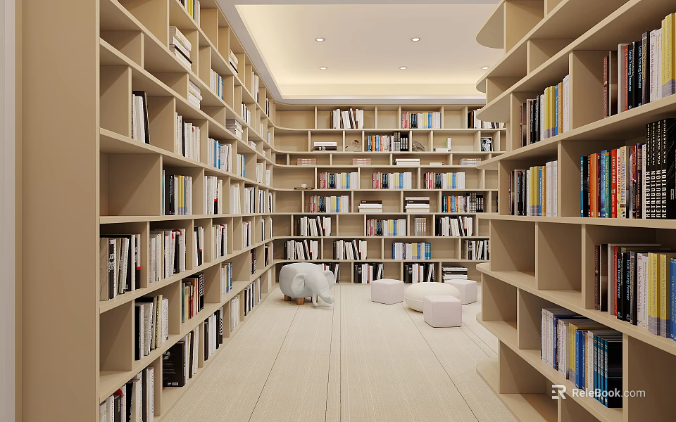 Bookcase Filled With Books In Cozy Reading Space With Seats 3d model 