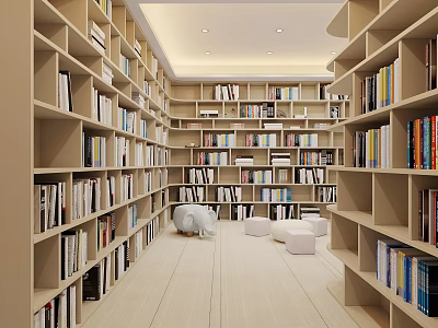 Bookcase Filled With Books In Cozy Reading Space With Seats 3d model