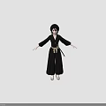 3D Anime Character in Black Kimono with Brown Belt and Sword on Simple Brown Background