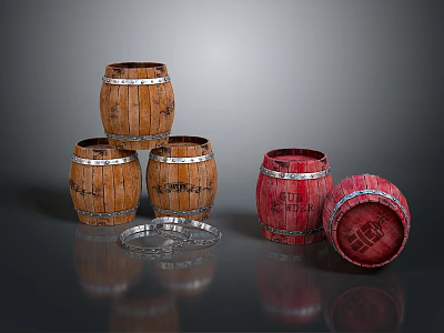 Decorative Household Wooden Barrels Stacked With Metal Hoops And Detachable Lid 3d model