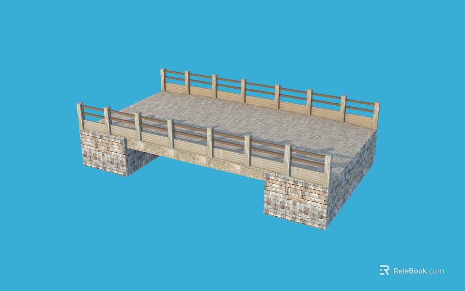 Rustic Stone Bridge with Masonry Piers Wooden Railings and Slab Deck 3d model 