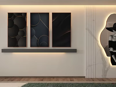 Modern Interior Wall Art With Three Framed Decorations And Gray Shelf 3d model