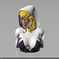 Blonde Female Character Wearing White Hood And Spider Pattern Bodysuit Against Gray Background