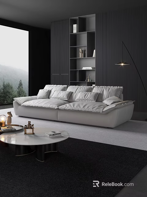 Modern White Two Seater Sofa With Plush Pillows And Mountain View Background 3d model