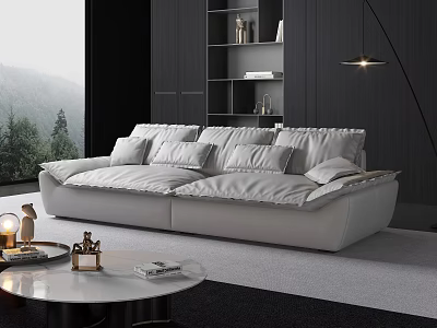 Modern White Two Seater Sofa With Plush Pillows And Mountain View Background 3d model
