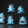 Blue Small Horned Monsters As Game Movie Characters With Various Expressions And Poses