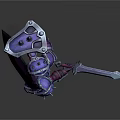 Mythical Creature Like Character Wearing Purple Blue Armor Holding Sword And Helmet