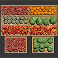 Fresh Fruits Display in Wooden Crates with Strawberries Watermelons Pineapples Oranges and Cherries