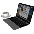 Open Silver Laptop With Coffee Cup On Saucer Screen Displaying Document Bright Window View Setup 3d model