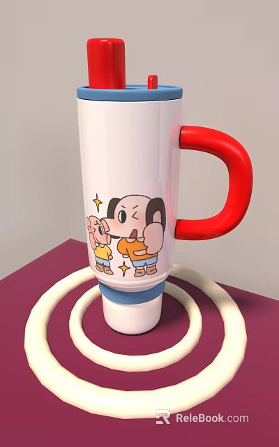 White Mug With Red Handle Featuring Cartoon Characters And Star Decorations On Purple Base 3d model 