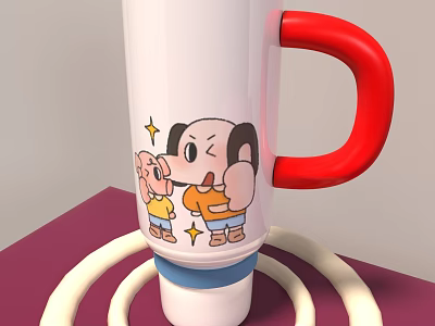 White Mug With Red Handle Featuring Cartoon Characters And Star Decorations On Purple Base 3d model