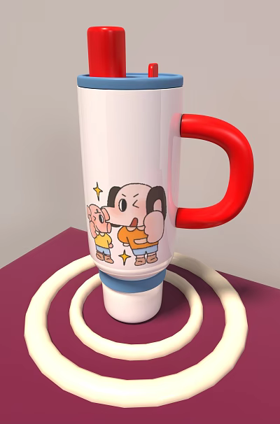 White Mug With Red Handle Featuring Cartoon Characters And Star Decorations On Purple Base 3d model