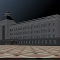 Classical Office Building With Domed Tower Gray Stone Facade Multiple Paned Windows And Geometric Square