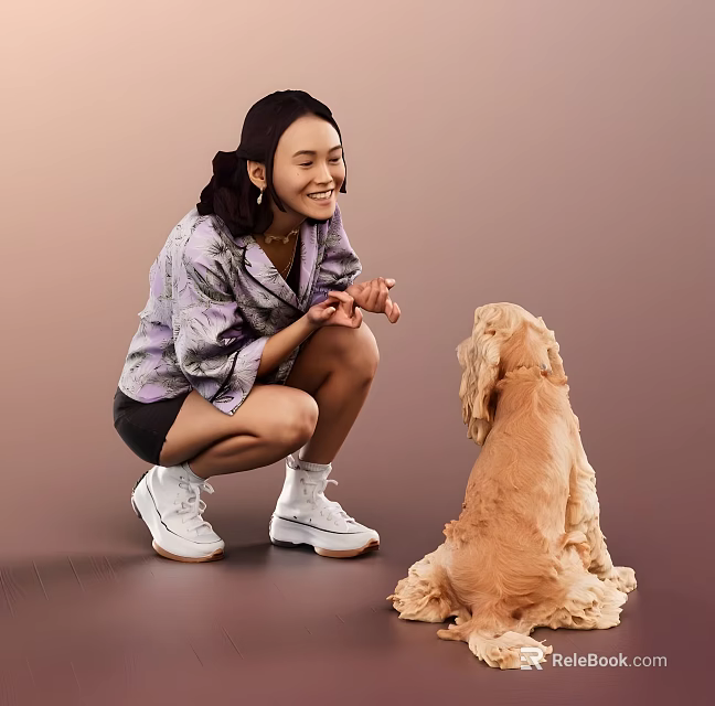 Smiling Woman in Purple Patterned Top Squatting to Interact with Brown Cocker Spaniel 3d model 