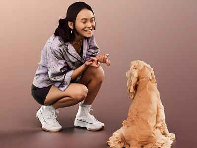 Smiling Woman in Purple Patterned Top Squatting to Interact with Brown Cocker Spaniel 3d model