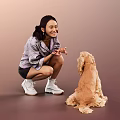 Smiling Woman in Purple Patterned Top Squatting to Interact with Brown Cocker Spaniel
