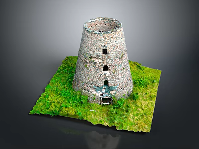 Historic Stone Tower Model With Green Grass Base And Small Windows 3d model