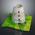 Historic Stone Tower Model With Green Grass Base And Small Windows