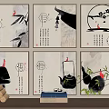 Chinese Style Black And White Plant Paintings With Bamboo Plum Blossoms Red Accents And Calligraphy