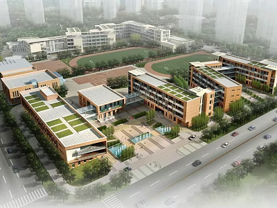 Modern school buildings featuring green roofs playground area and landscaped gardens 3d model