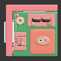 Cute Cartoon Room Scene With Pink Sofa Green Carpet Clock Curtains And Decorative Elements