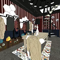Clothing Store Interior With Red White Striped Walls Chandeliers Hanging Clothes Suitcase And City Night View